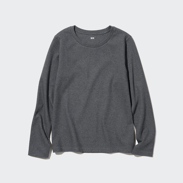 Dark Grey Women Uniqlo Smooth Stretch Cotton Crew Neck Long-Sleeve T Shirts | 4615-YUTNF