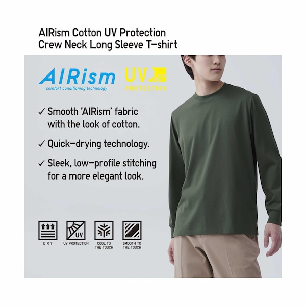 Green Men Uniqlo AIRism Cotton UV Protection Crew Neck Long-Sleeve T Shirts | 9750-HOBFV