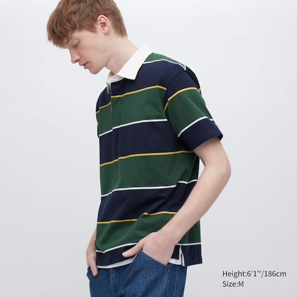 Green Men Uniqlo Rugger Striped Short Sleeve Polo Shirt | 6013-QHWFM