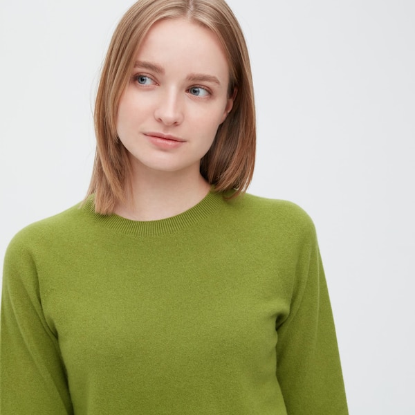 Green Women Uniqlo 3D Knit Cashmere Crew Neck Long-Sleeve Sweaters | 0876-VDINZ