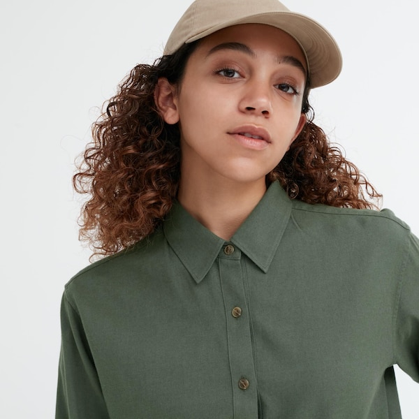 Green Women Uniqlo Soft Brushed Long-Sleeve Shirts | 0842-VGDCX