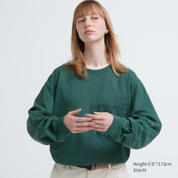 Green Women Uniqlo Washed Cotton Crew Neck Long-Sleeve T Shirts | 4092-LQBRT