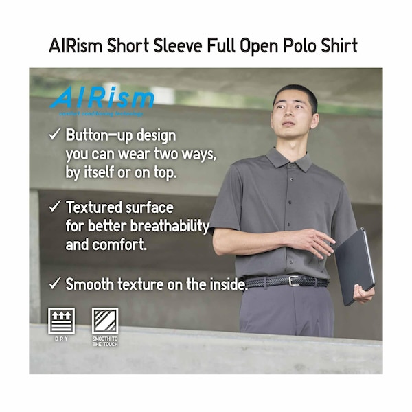 Grey Men Uniqlo AIRism Full Open Short-Sleeve Polo Shirt | 4659-RSEHL