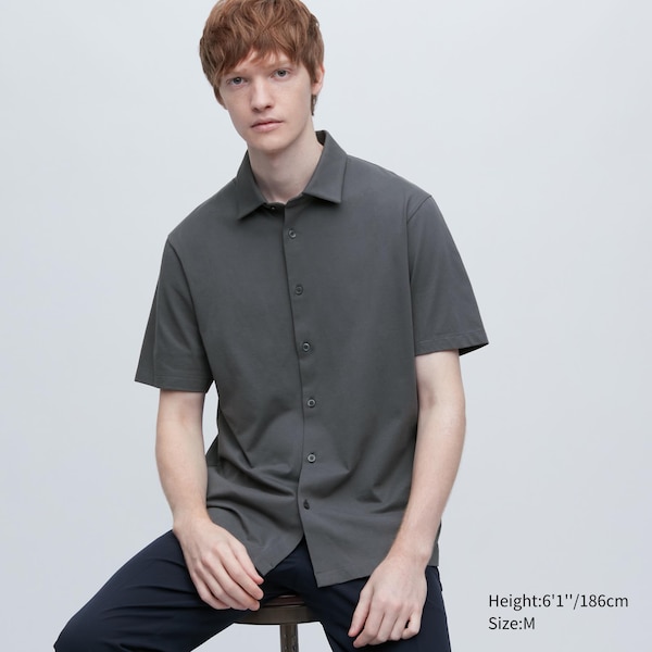 Grey Men Uniqlo AIRism Full Open Short-Sleeve Polo Shirt | 4659-RSEHL