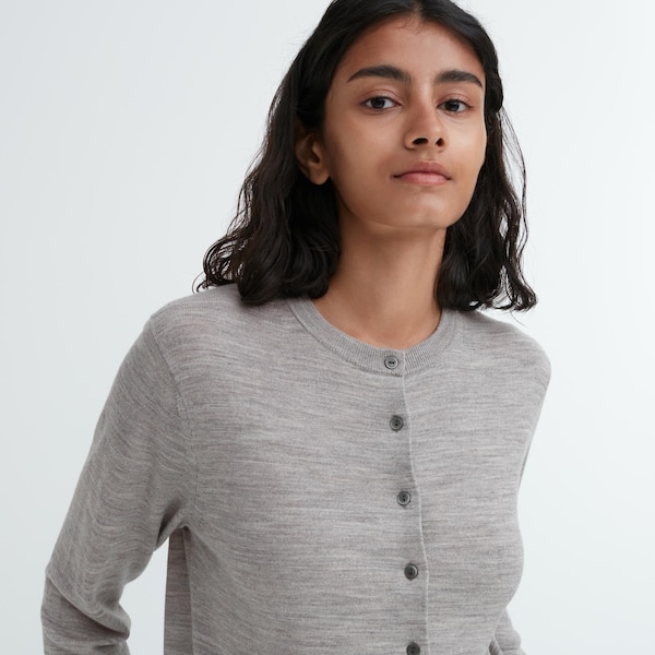 Grey Women Uniqlo Extra Fine Merino Crew Neck Cardigan | 7214-EYIQV