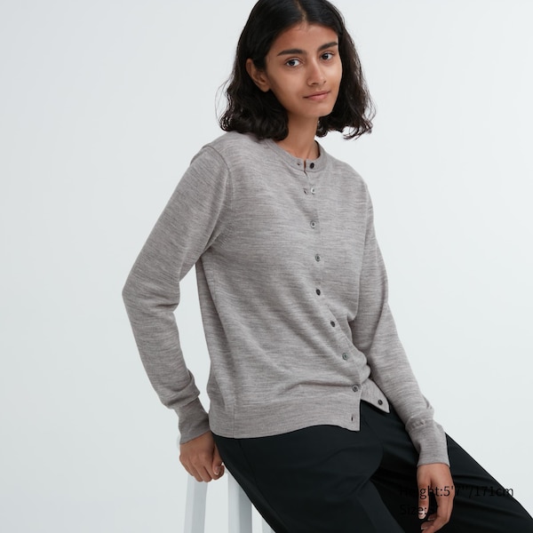 Grey Women Uniqlo Extra Fine Merino Crew Neck Cardigan | 7214-EYIQV