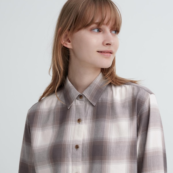 Grey Women Uniqlo Soft Brushed Checked Long-Sleeve Shirts | 1843-EVLIG