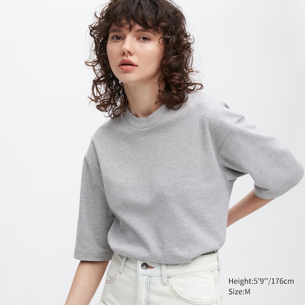 Grey Women Uniqlo U AIRism Cotton Striped Crew Neck Oversized T Shirts | 3489-CIZAQ