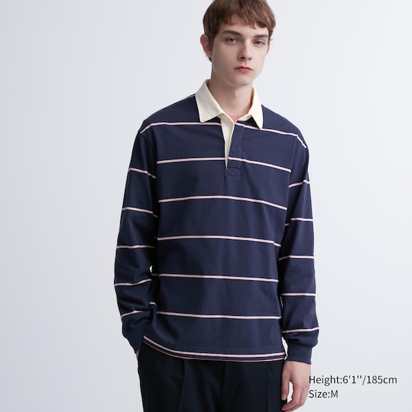 Navy Men Uniqlo Rugger Long-Sleeve Polo Shirt | 6972-DFXIE