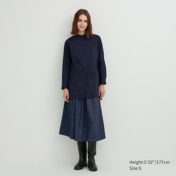 Navy Women Uniqlo Cotton Silk Long-Sleeve Tunic Shirts | 3508-ZWQLE