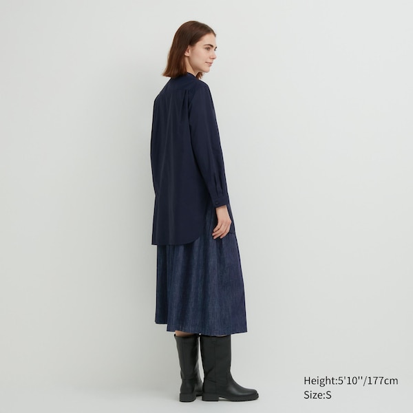 Navy Women Uniqlo Cotton Silk Long-Sleeve Tunic Shirts | 3508-ZWQLE