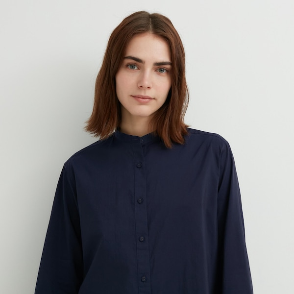 Navy Women Uniqlo Cotton Silk Long-Sleeve Tunic Shirts | 3508-ZWQLE