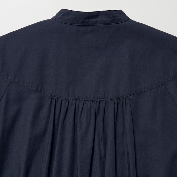 Navy Women Uniqlo Cotton Twill Volume Sleeve Long Dress | 0958-BIMTV