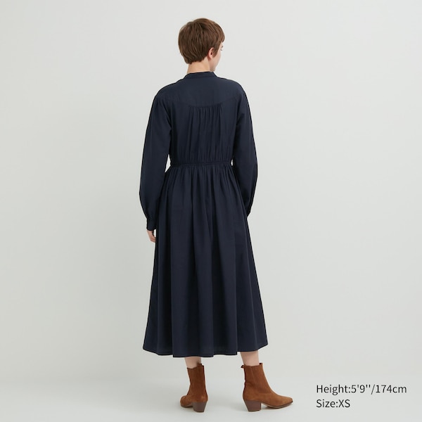 Navy Women Uniqlo Cotton Twill Volume Sleeve Long Dress | 0958-BIMTV