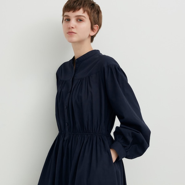 Navy Women Uniqlo Cotton Twill Volume Sleeve Long Dress | 0958-BIMTV