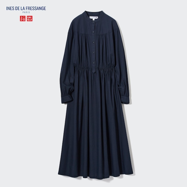 Navy Women Uniqlo Cotton Twill Volume Sleeve Long Dress | 0958-BIMTV