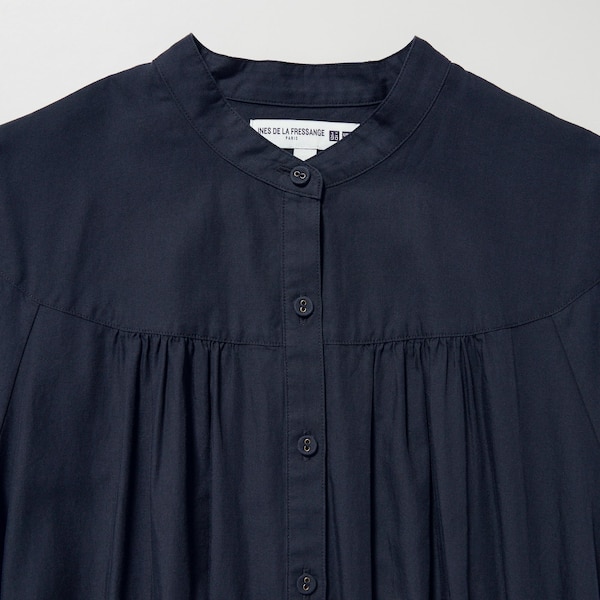 Navy Women Uniqlo Cotton Twill Volume Sleeve Long Dress | 0958-BIMTV