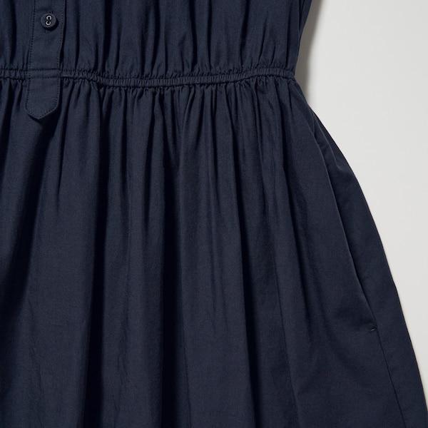 Navy Women Uniqlo Cotton Twill Volume Sleeve Long Dress | 0958-BIMTV