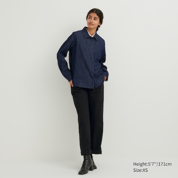 Navy Women Uniqlo Denim Long-Sleeve Shirts | 0592-LDWEA