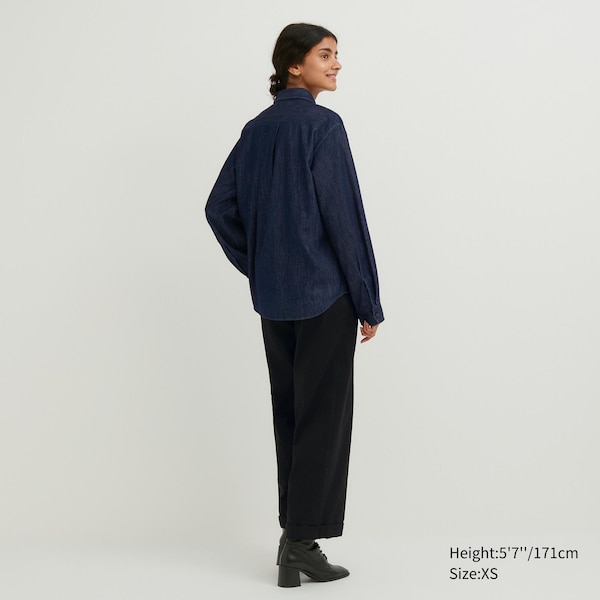 Navy Women Uniqlo Denim Long-Sleeve Shirts | 0592-LDWEA