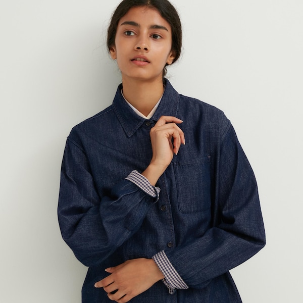 Navy Women Uniqlo Denim Long-Sleeve Shirts | 0592-LDWEA