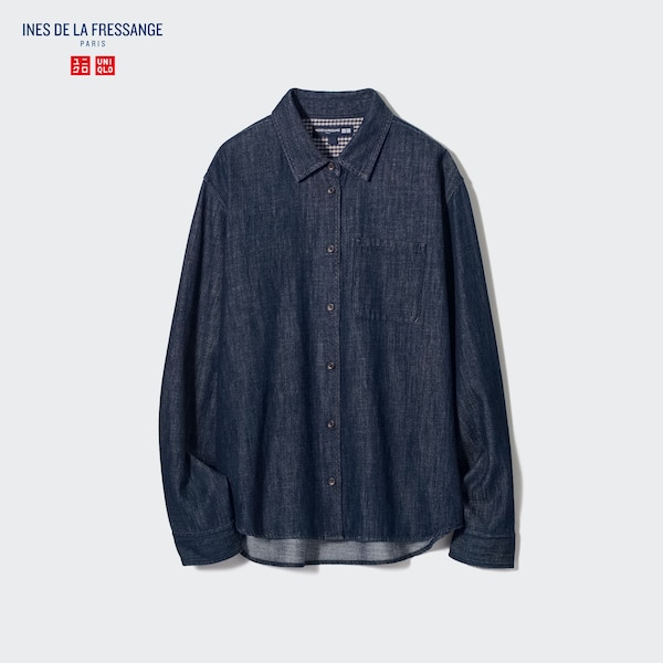 Navy Women Uniqlo Denim Long-Sleeve Shirts | 0592-LDWEA