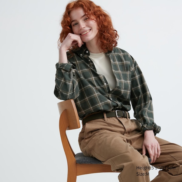 Olive Women Uniqlo Extra Fine Cotton Broadcloth Checked Long-Sleeve Shirts | 6029-JQRWI