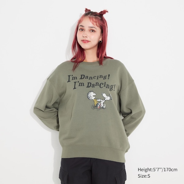 Olive Women Uniqlo PEANUTS Dance Time with Snoopy Long-Sleeve Sweatshirts | 9527-IZEVL