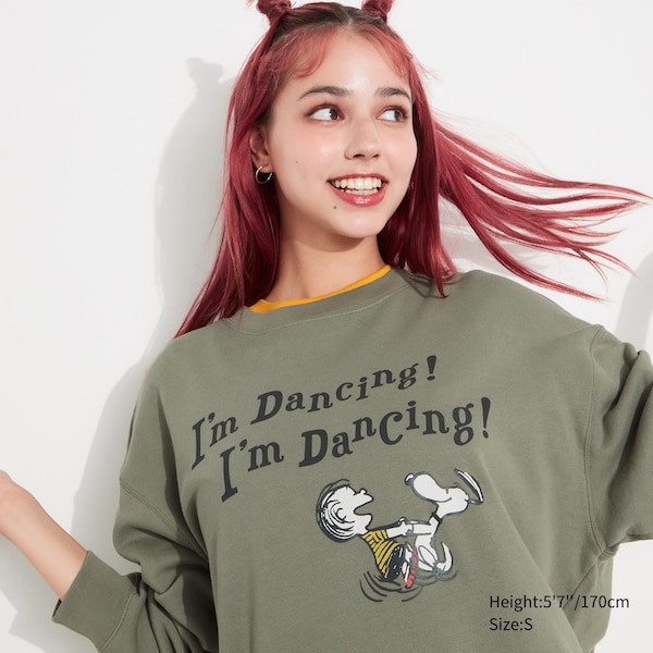 Olive Women Uniqlo PEANUTS Dance Time with Snoopy Long-Sleeve Sweatshirts | 9527-IZEVL