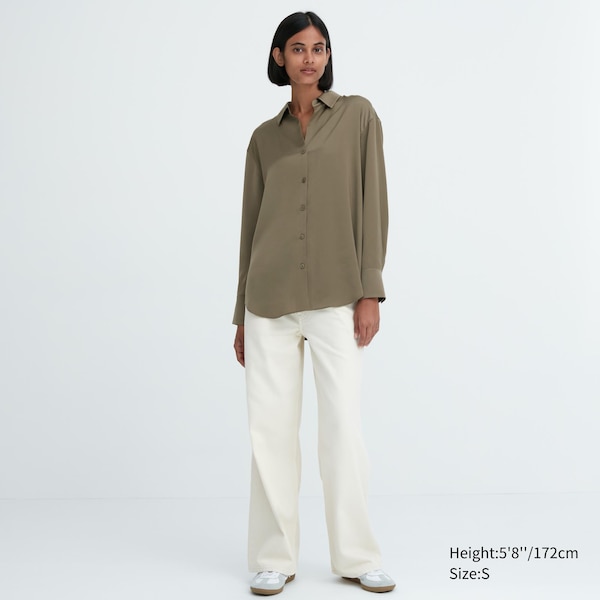 Olive Women Uniqlo Satin Long-Sleeve Shirts | 0926-XUGEO