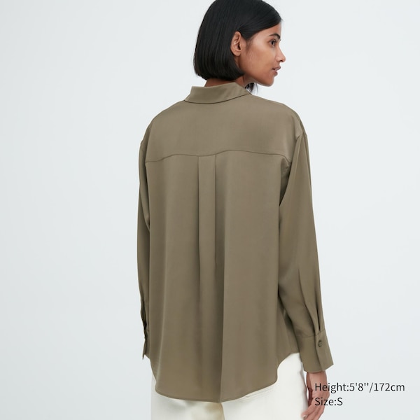 Olive Women Uniqlo Satin Long-Sleeve Shirts | 0926-XUGEO