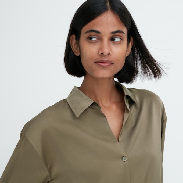 Olive Women Uniqlo Satin Long-Sleeve Shirts | 0926-XUGEO