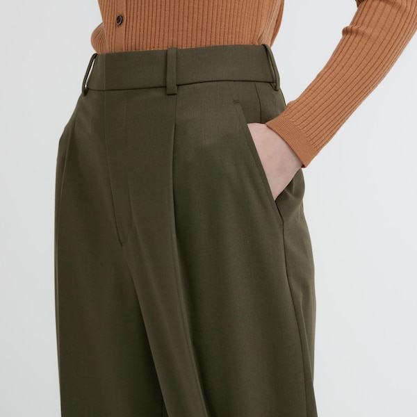 Olive Women Uniqlo Wide-Fit Pleated Pants | 8092-MKIHV