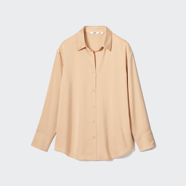 Orange Women Uniqlo Satin Long-Sleeve Shirts | 0438-MNWAP