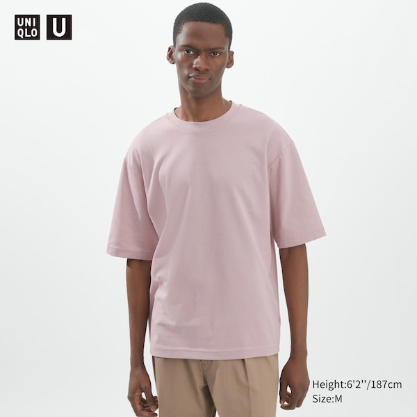 Pink Men Uniqlo U AIRism Cotton Oversized Crew Neck Half-Sleeve T Shirts | 9746-RVIBX