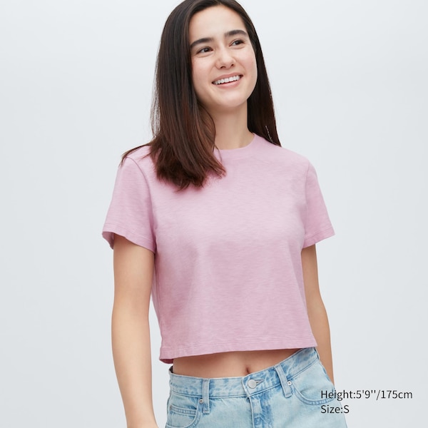 Pink Women Uniqlo Slub Jersey Cropped Short-Sleeve T Shirts | 8527-BRHUJ