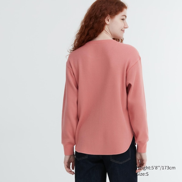 Pink Women Uniqlo Waffle Crew Neck Long-Sleeve T Shirts | 2841-SNVBW