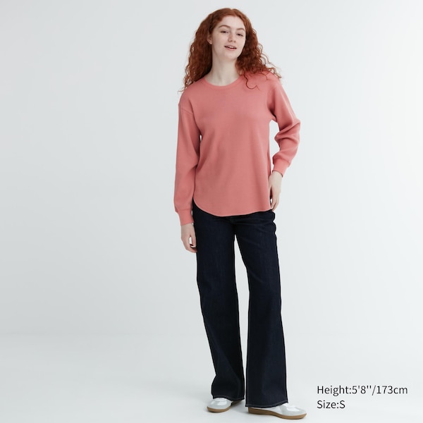 Pink Women Uniqlo Waffle Crew Neck Long-Sleeve T Shirts | 2841-SNVBW