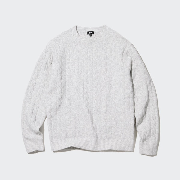 White Men Uniqlo Souffle Yarn Cable Crew Neck Sweaters | 4026-MYCVS