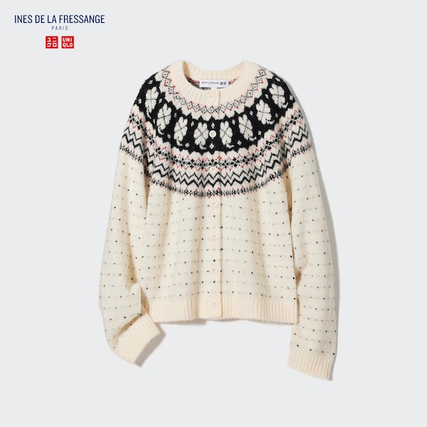 White Women Uniqlo Jacquard Crew Neck Long-Sleeve Cardigan | 9071-WQCSN