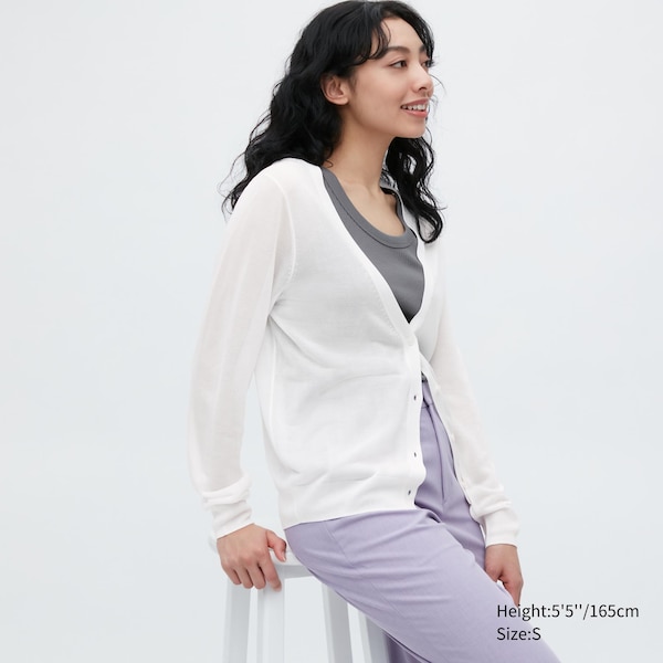 White Women Uniqlo Light V-Neck Long-Sleeve Cardigan | 1382-GAFST