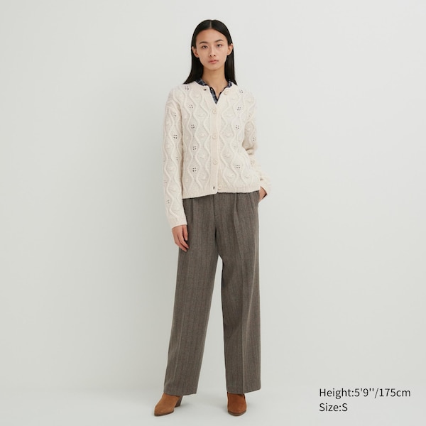 White Women Uniqlo Pointelle Crew Neck Long-Sleeve Cardigan | 3426-FSJNQ