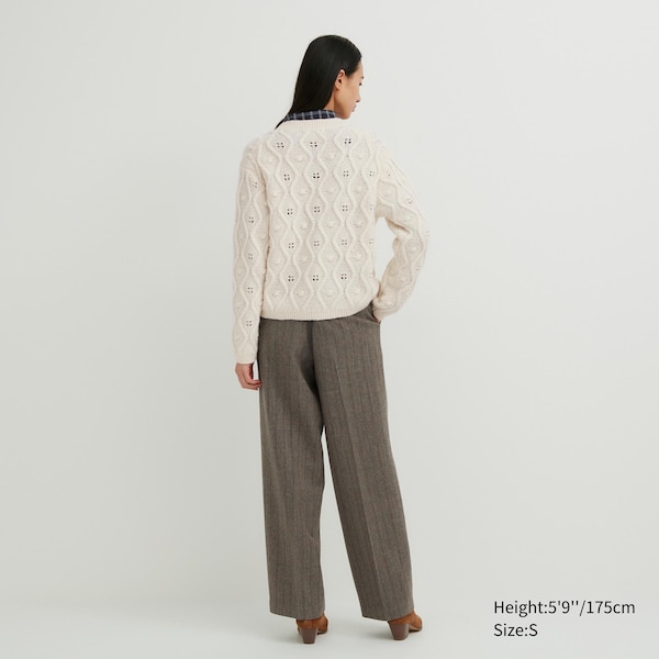 White Women Uniqlo Pointelle Crew Neck Long-Sleeve Cardigan | 3426-FSJNQ