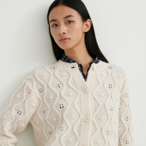 White Women Uniqlo Pointelle Crew Neck Long-Sleeve Cardigan | 3426-FSJNQ