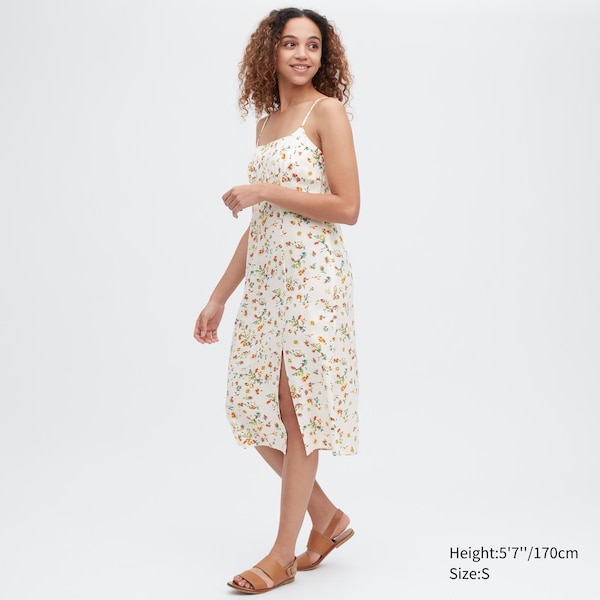 White Women Uniqlo Printed Front Slit Camisole Dress | 0124-UFOSL