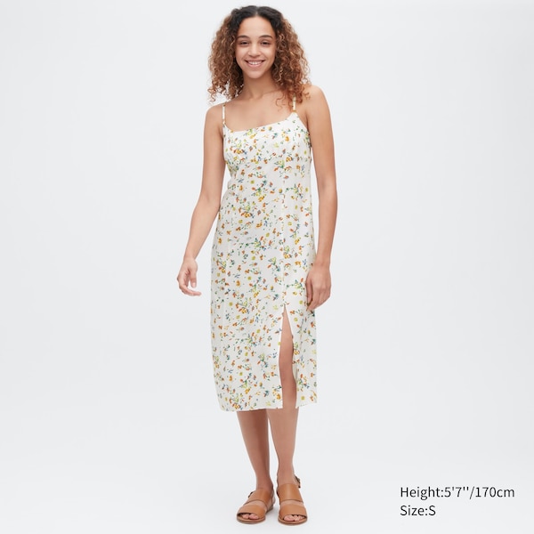 White Women Uniqlo Printed Front Slit Camisole Dress | 0124-UFOSL