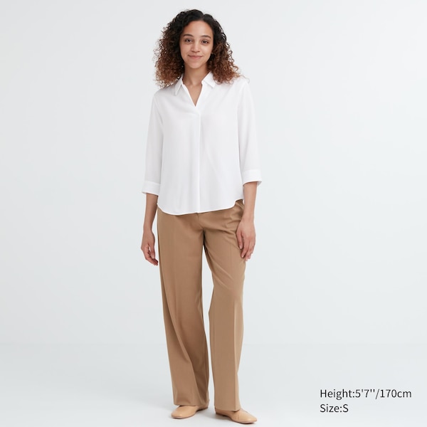 White Women Uniqlo Rayon Skipper Collar 3/4-Sleeve Shirts | 7084-JOPKV