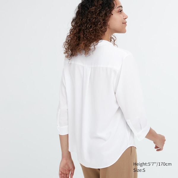 White Women Uniqlo Rayon Skipper Collar 3/4-Sleeve Shirts | 7084-JOPKV