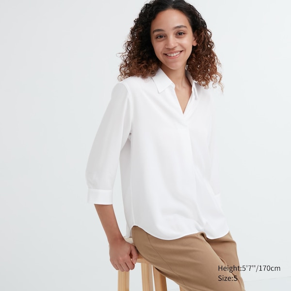 White Women Uniqlo Rayon Skipper Collar 3/4-Sleeve Shirts | 7084-JOPKV