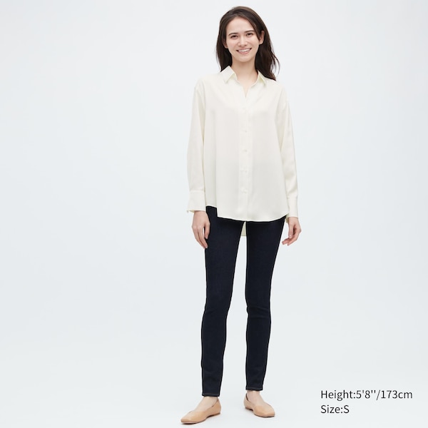 White Women Uniqlo Satin Long-Sleeve Shirts | 0587-MOBQP